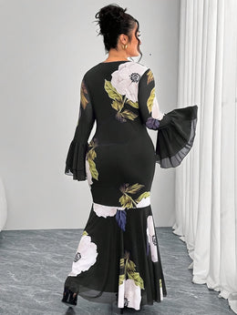 jkthpu-45 Plus Size - Women'S Elegant Long Sleeve Round Neck Dress - Stretchy Polyester-Spandex Blend, Fitted Silhouette with Floral Print & Mesh Panel Detail, All-Season Versatile Black Dress for Casual to Formal Occasions, Long Sleeve Dresses, Evening Wear, Sophi