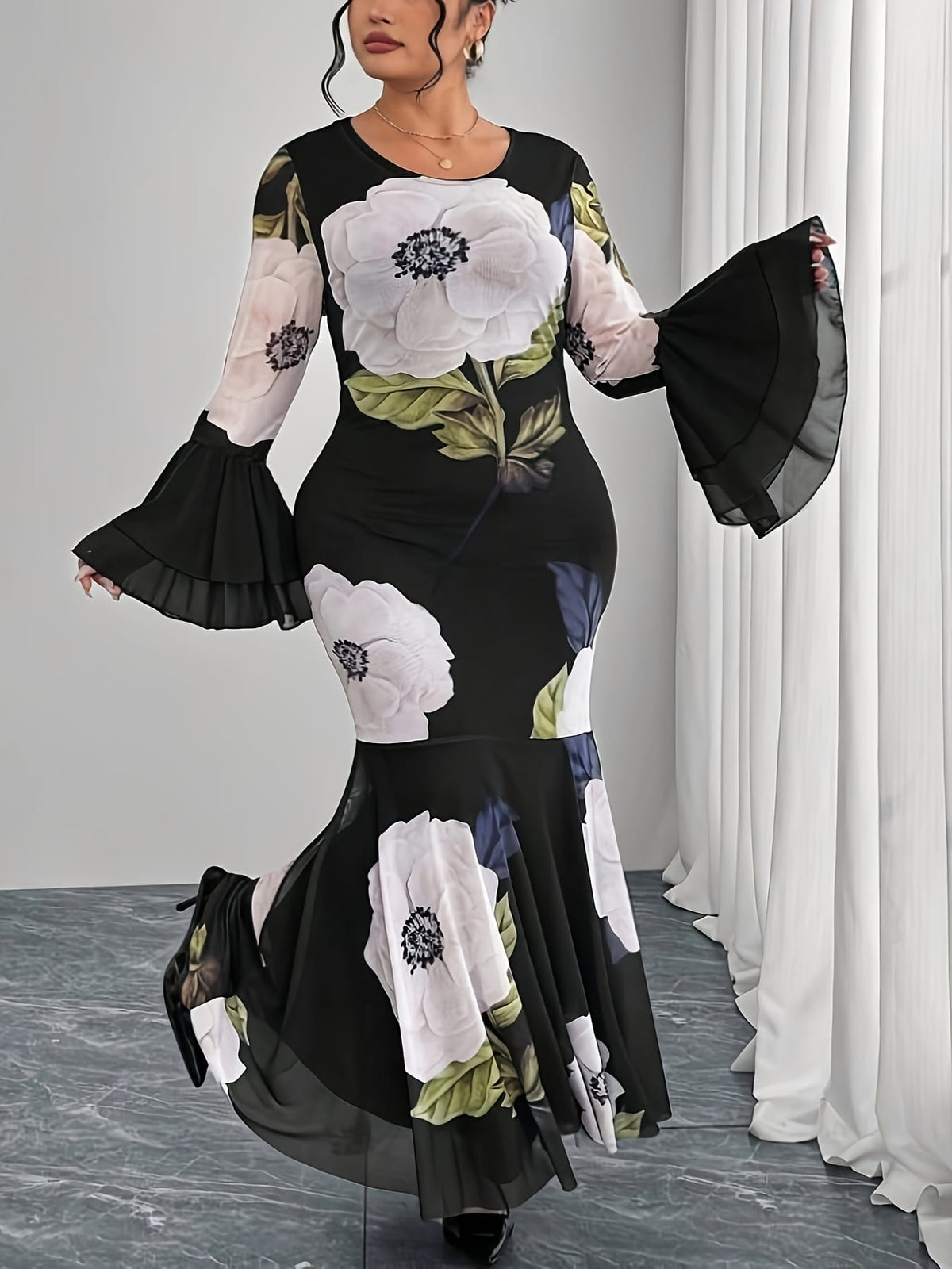 jkthpu-45 Plus Size - Women'S Elegant Long Sleeve Round Neck Dress - Stretchy Polyester-Spandex Blend, Fitted Silhouette with Floral Print & Mesh Panel Detail, All-Season Versatile Black Dress for Casual to Formal Occasions, Long Sleeve Dresses, Evening Wear, Sophi