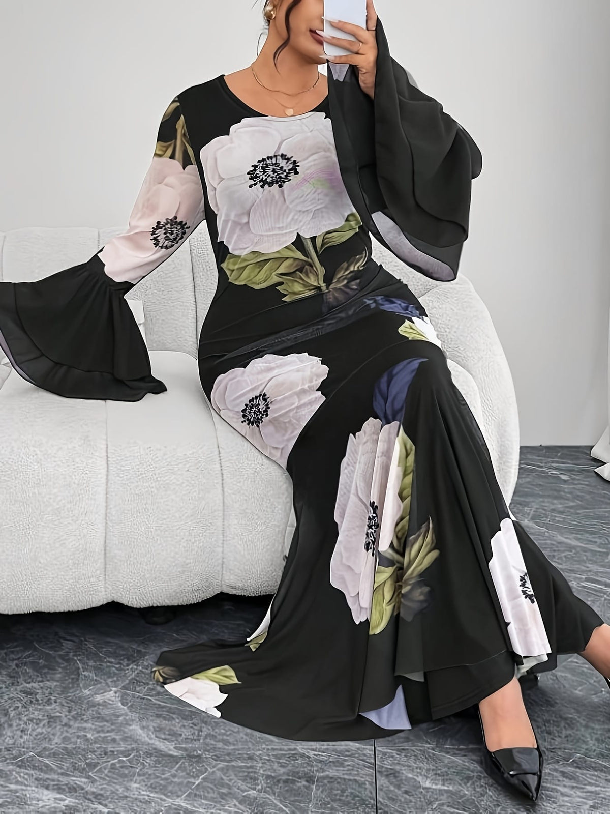 jkthpu-45 Plus Size - Women'S Elegant Long Sleeve Round Neck Dress - Stretchy Polyester-Spandex Blend, Fitted Silhouette with Floral Print & Mesh Panel Detail, All-Season Versatile Black Dress for Casual to Formal Occasions, Long Sleeve Dresses, Evening Wear, Sophi