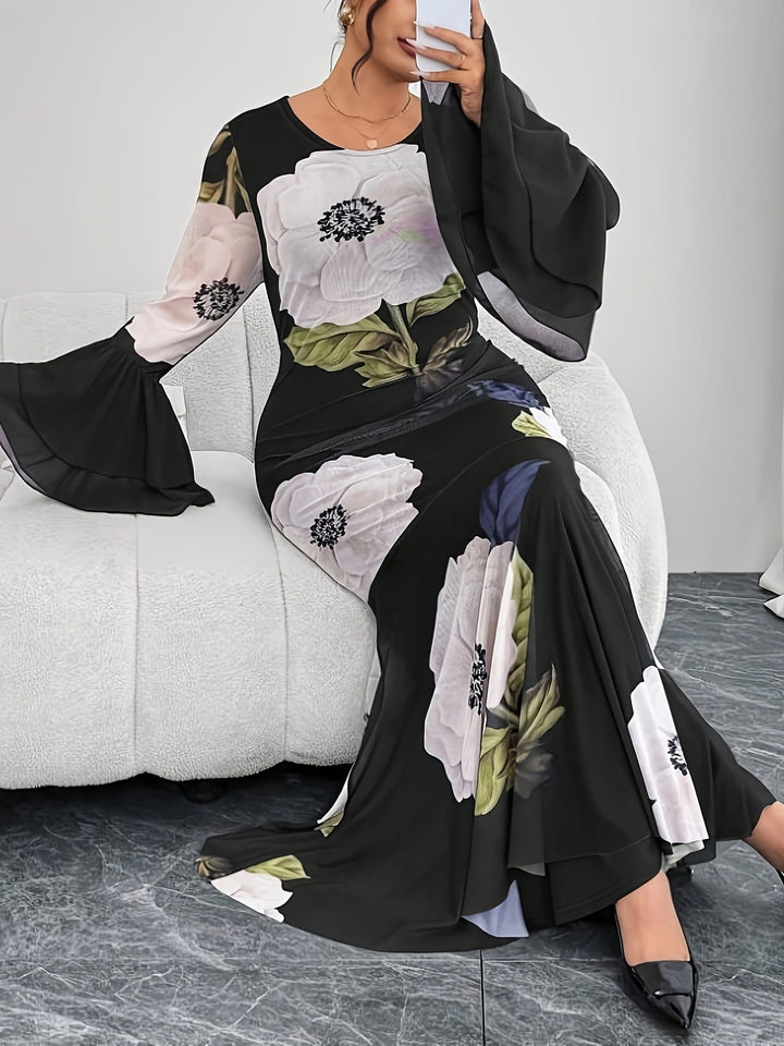 Plus Size - Women'S Elegant Long Sleeve Round Neck Dress - Stretchy Polyester-Spandex Blend, Fitted Silhouette with Floral Print & Mesh Panel Detail, All-Season Versatile Black Dress for Casual to Formal Occasions, Long Sleeve Dresses, Evening Wear, Sophi