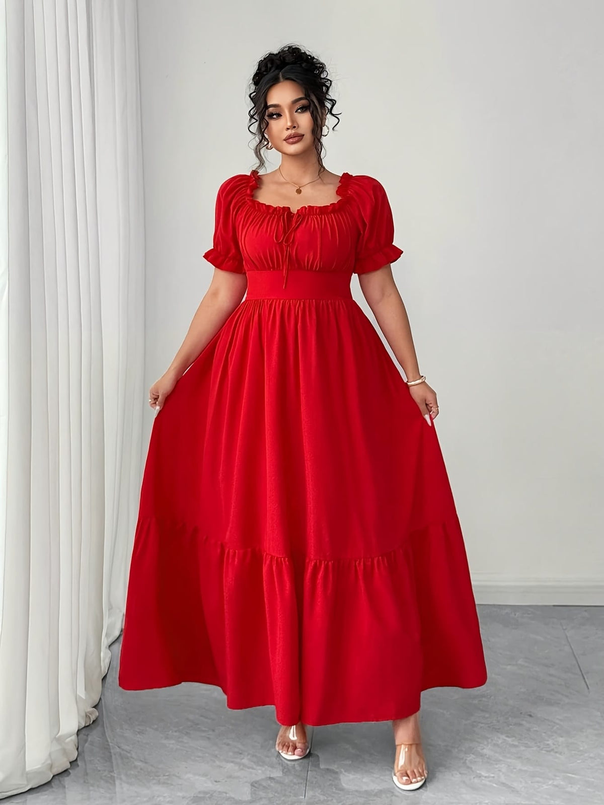 jkthpu-45 Plus Size, Women's Elegant Maxi Dress - Formal to Casual Party, Backless Square Neck Formal gown, Flared Hem, Plus Size Summer Dresses in Red for Weddings, Dinners, Vacations - Machine Washable Non-Stretch Fabric, Vacation Wear, Ruffled Sleeve Design, Wed