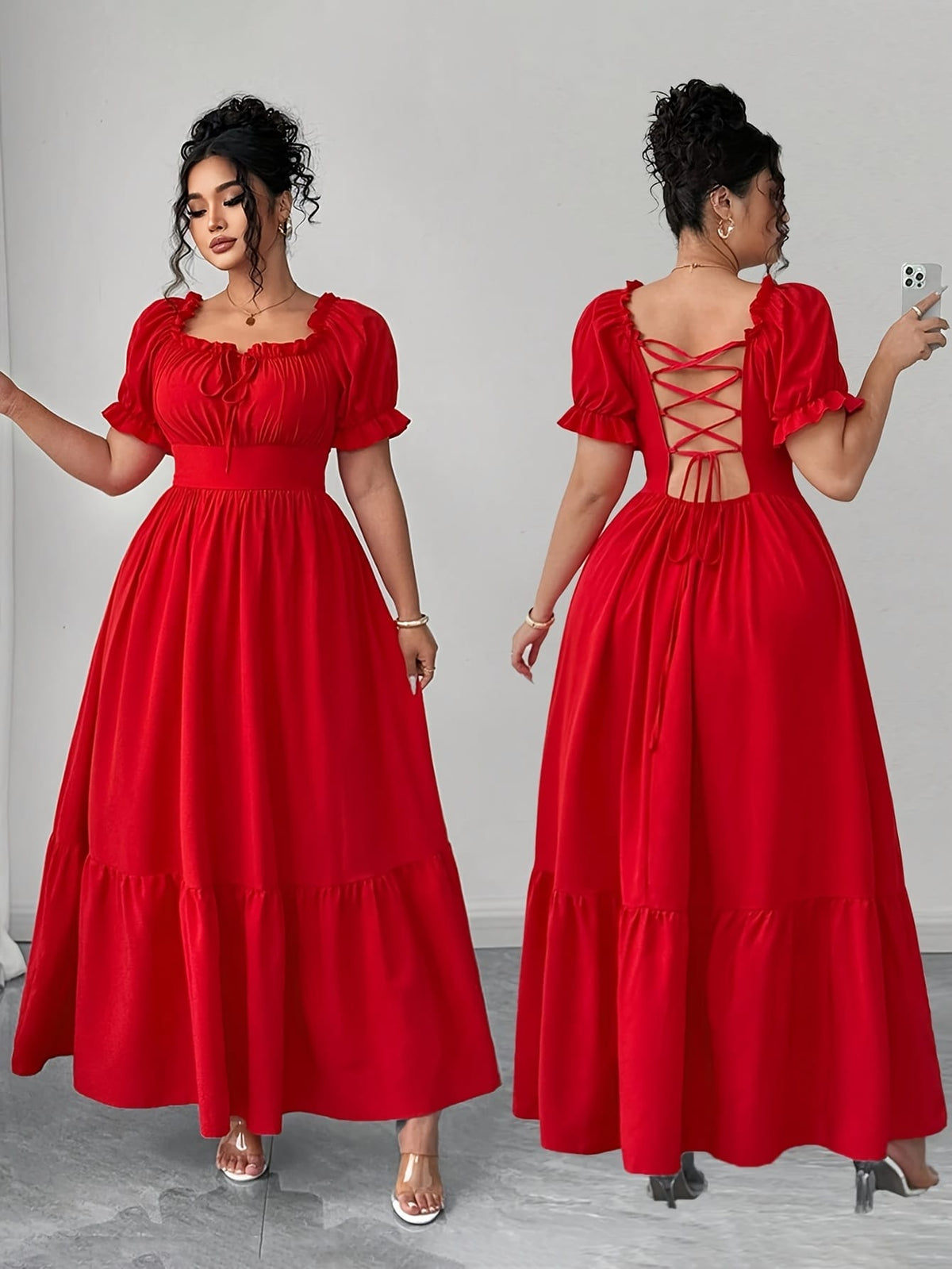 jkthpu-45 Plus Size, Women's Elegant Maxi Dress - Formal to Casual Party, Backless Square Neck Formal gown, Flared Hem, Plus Size Summer Dresses in Red for Weddings, Dinners, Vacations - Machine Washable Non-Stretch Fabric, Vacation Wear, Ruffled Sleeve Design, Wed