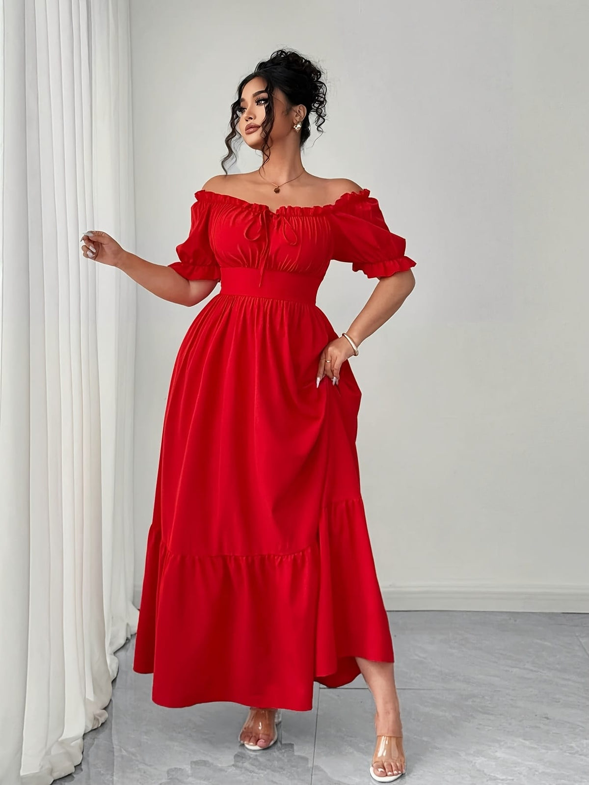 jkthpu-45 Plus Size, Women's Elegant Maxi Dress - Formal to Casual Party, Backless Square Neck Formal gown, Flared Hem, Plus Size Summer Dresses in Red for Weddings, Dinners, Vacations - Machine Washable Non-Stretch Fabric, Vacation Wear, Ruffled Sleeve Design, Wed
