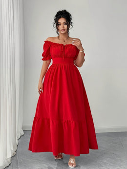 jkthpu-45 Plus Size, Women's Elegant Maxi Dress - Formal to Casual Party, Backless Square Neck Formal gown, Flared Hem, Plus Size Summer Dresses in Red for Weddings, Dinners, Vacations - Machine Washable Non-Stretch Fabric, Vacation Wear, Ruffled Sleeve Design, Wed