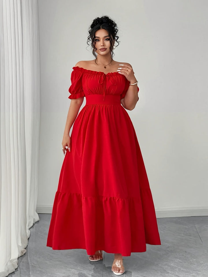 Plus Size, Women's Elegant Maxi Dress - Formal to Casual Party, Backless Square Neck Formal gown, Flared Hem, Plus Size Summer Dresses in Red for Weddings, Dinners, Vacations - Machine Washable Non-Stretch Fabric, Vacation Wear, Ruffled Sleeve Design, Wed
