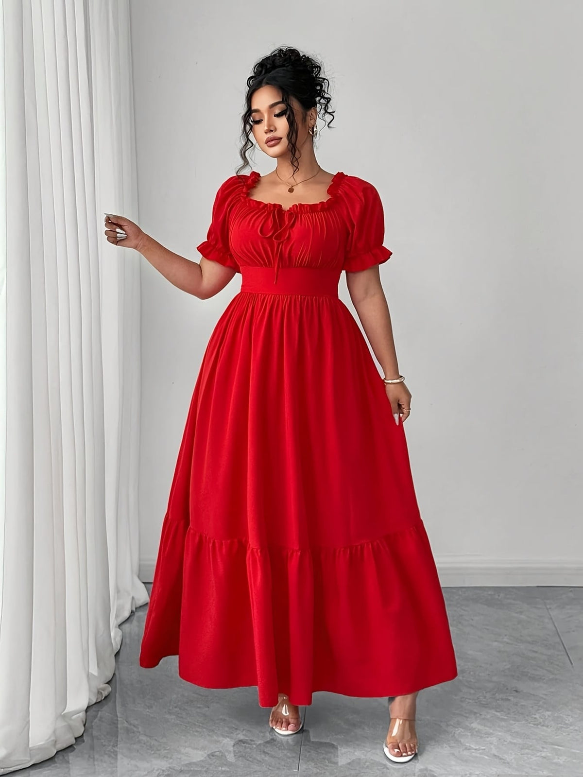 jkthpu-45 Plus Size, Women's Elegant Maxi Dress - Formal to Casual Party, Backless Square Neck Formal gown, Flared Hem, Plus Size Summer Dresses in Red for Weddings, Dinners, Vacations - Machine Washable Non-Stretch Fabric, Vacation Wear, Ruffled Sleeve Design, Wed