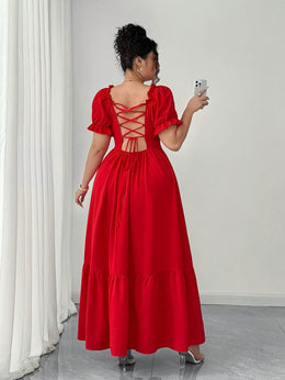 jkthpu-45 Plus Size, Women's Elegant Maxi Dress - Formal to Casual Party, Backless Square Neck Formal gown, Flared Hem, Plus Size Summer Dresses in Red for Weddings, Dinners, Vacations - Machine Washable Non-Stretch Fabric, Vacation Wear, Ruffled Sleeve Design, Wed
