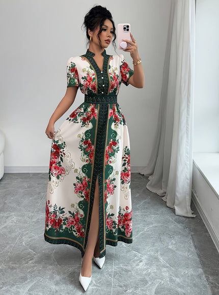 jkthpu-45 Plus Size, Women's Elegant Maxi Floral Print V-Neck Puff Sleeve Dress - A-Line Long Formal & Semi-Formal Evening Gown with Asymmetrical Hem, Machine Washable Summer Party Wedding Dress in Red/White/Green/Black/Beige, Short Sleeve Fitted Bodice with Slit H