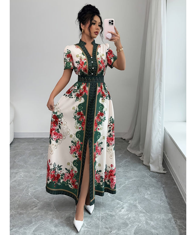 jkthpu-45 Plus Size, Women's Elegant Maxi Floral Print V-Neck Puff Sleeve Dress - A-Line Long Formal & Semi-Formal Evening Gown with Asymmetrical Hem, Machine Washable Summer Party Wedding Dress in Red/White/Green/Black/Beige, Short Sleeve Fitted Bodice with Slit H