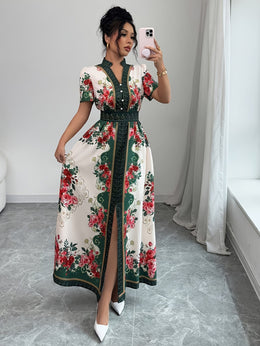 jkthpu-45 Plus Size, Women's Elegant Maxi Floral Print V-Neck Puff Sleeve Dress - A-Line Long Formal & Semi-Formal Evening Gown with Asymmetrical Hem, Machine Washable Summer Party Wedding Dress in Red/White/Green/Black/Beige, Short Sleeve Fitted Bodice with Slit H