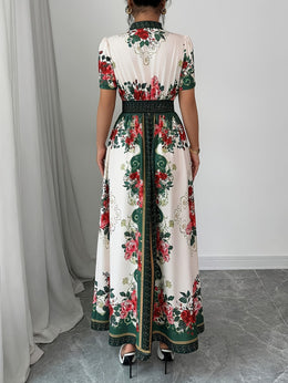jkthpu-45 Plus Size, Women's Elegant Maxi Floral Print V-Neck Puff Sleeve Dress - A-Line Long Formal & Semi-Formal Evening Gown with Asymmetrical Hem, Machine Washable Summer Party Wedding Dress in Red/White/Green/Black/Beige, Short Sleeve Fitted Bodice with Slit H