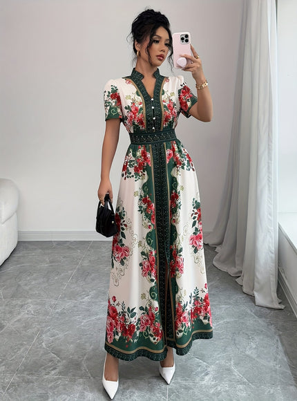 jkthpu-45 Plus Size, Women's Elegant Maxi Floral Print V-Neck Puff Sleeve Dress - A-Line Long Formal & Semi-Formal Evening Gown with Asymmetrical Hem, Machine Washable Summer Party Wedding Dress in Red/White/Green/Black/Beige, Short Sleeve Fitted Bodice with Slit H
