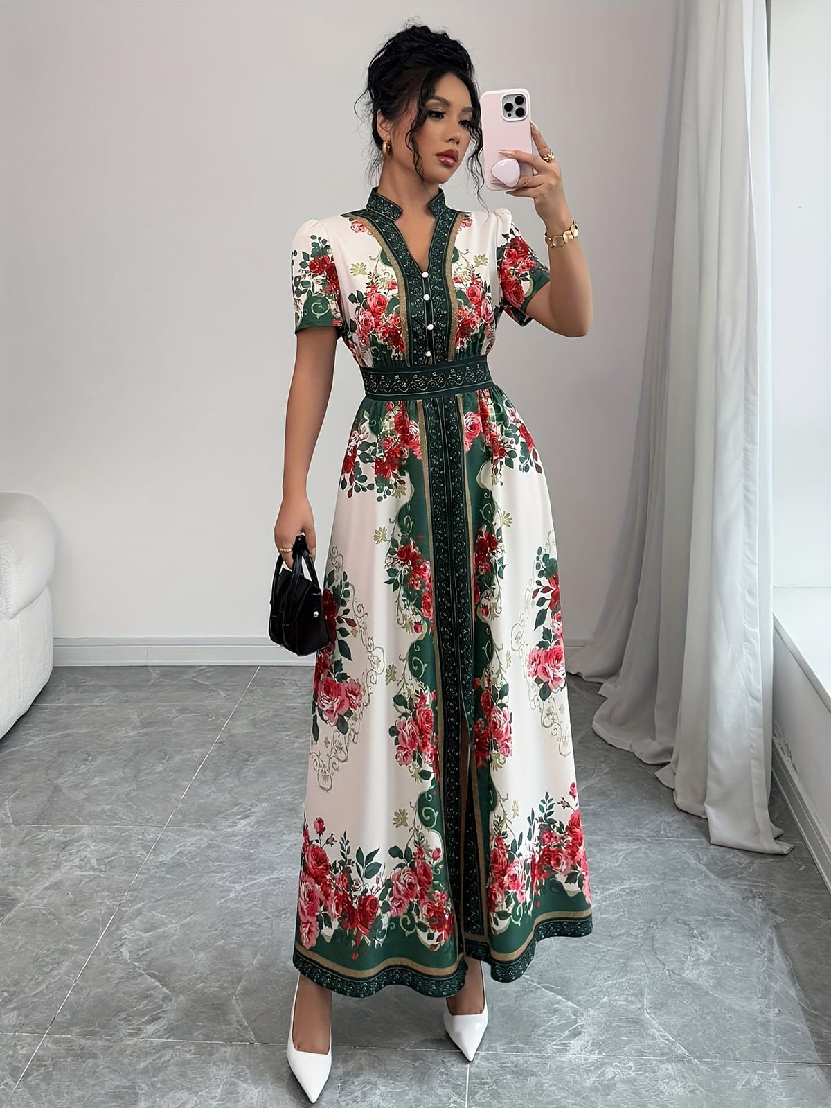 jkthpu-45 Plus Size, Women's Elegant Maxi Floral Print V-Neck Puff Sleeve Dress - A-Line Long Formal & Semi-Formal Evening Gown with Asymmetrical Hem, Machine Washable Summer Party Wedding Dress in Red/White/Green/Black/Beige, Short Sleeve Fitted Bodice with Slit H