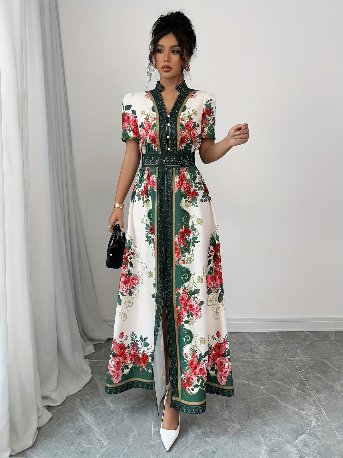 jkthpu-45 Plus Size, Women's Elegant Maxi Floral Print V-Neck Puff Sleeve Dress - A-Line Long Formal & Semi-Formal Evening Gown with Asymmetrical Hem, Machine Washable Summer Party Wedding Dress in Red/White/Green/Black/Beige, Short Sleeve Fitted Bodice with Slit H