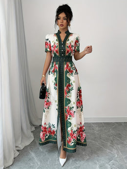 jkthpu-45 Plus Size, Women's Elegant Maxi Floral Print V-Neck Puff Sleeve Dress - A-Line Long Formal & Semi-Formal Evening Gown with Asymmetrical Hem, Machine Washable Summer Party Wedding Dress in Red/White/Green/Black/Beige, Short Sleeve Fitted Bodice with Slit H