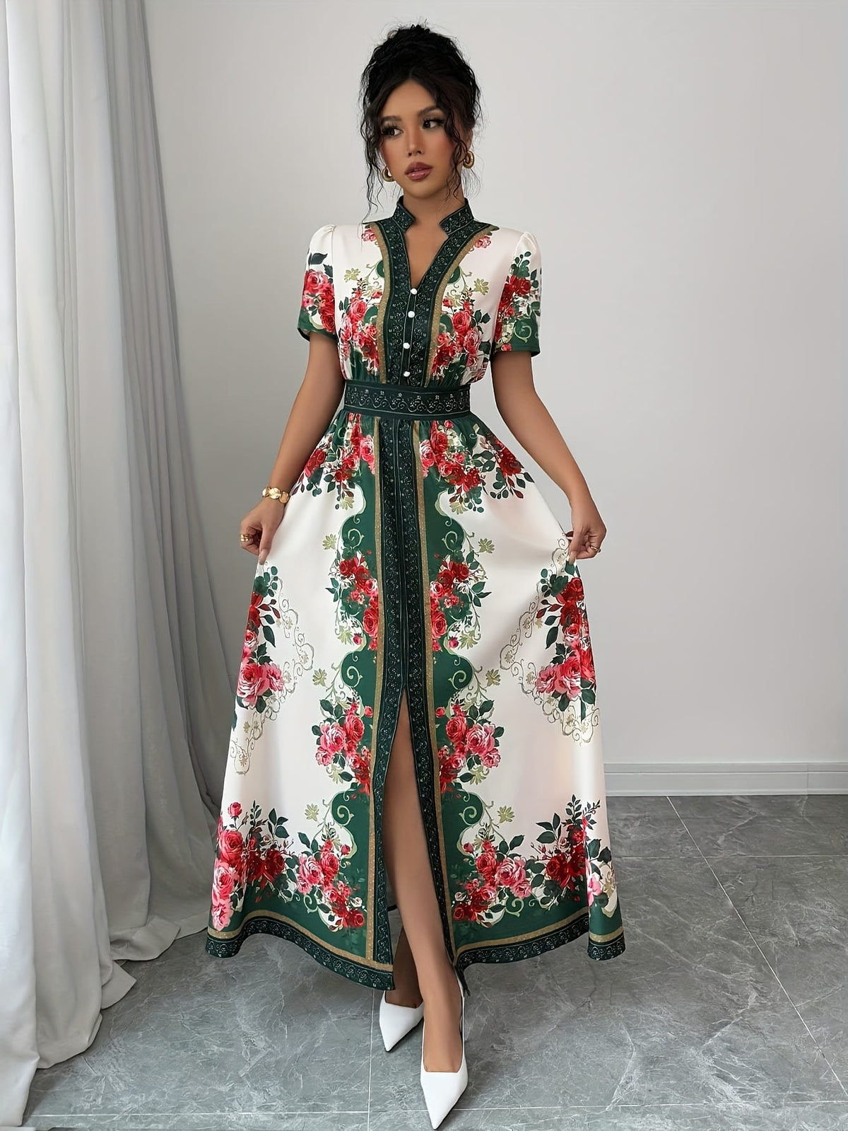 jkthpu-45 Plus Size, Women's Elegant Maxi Floral Print V-Neck Puff Sleeve Dress - A-Line Long Formal & Semi-Formal Evening Gown with Asymmetrical Hem, Machine Washable Summer Party Wedding Dress in Red/White/Green/Black/Beige, Short Sleeve Fitted Bodice with Slit H