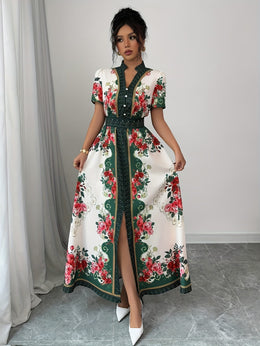 jkthpu-45 Plus Size, Women's Elegant Maxi Floral Print V-Neck Puff Sleeve Dress - A-Line Long Formal & Semi-Formal Evening Gown with Asymmetrical Hem, Machine Washable Summer Party Wedding Dress in Red/White/Green/Black/Beige, Short Sleeve Fitted Bodice with Slit H
