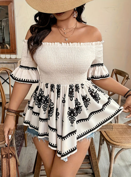 jkthpu-45 Plus Size Women's Elegant Off-Shoulder Geometric Print Shirt