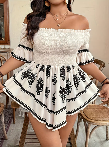 jkthpu-45 Plus Size Women's Elegant Off-Shoulder Geometric Print Shirt