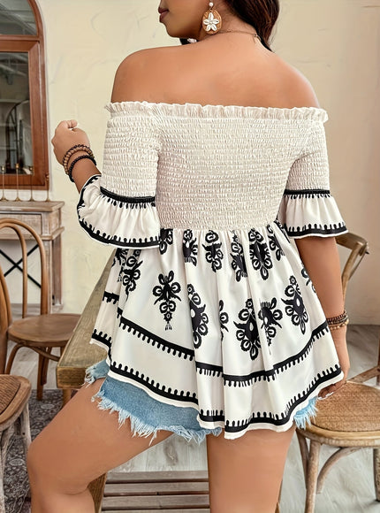 jkthpu-45 Plus Size Women's Elegant Off-Shoulder Geometric Print Shirt