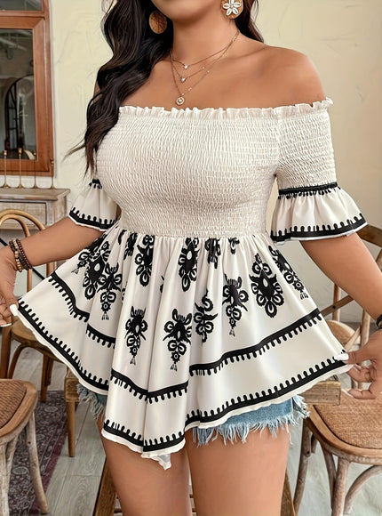 jkthpu-45 Plus Size Women's Elegant Off-Shoulder Geometric Print Shirt