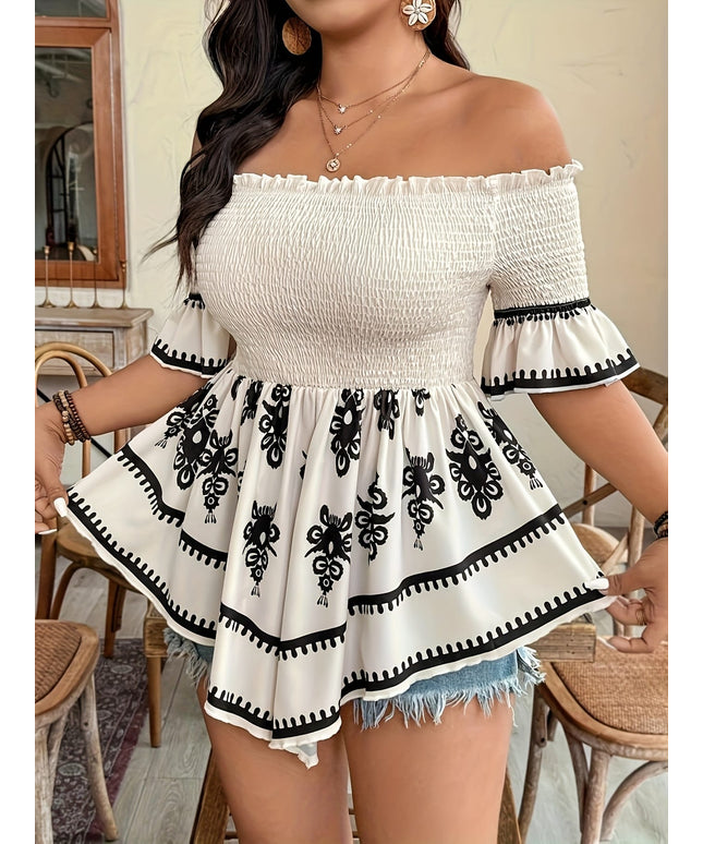 jkthpu-45 Plus Size Women's Elegant Off-Shoulder Geometric Print Shirt
