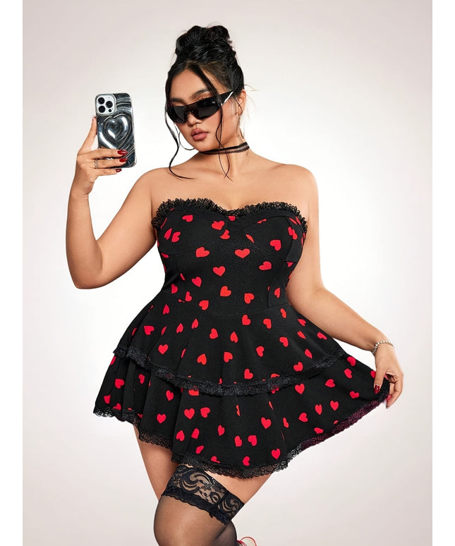 jkthpu-45 Plus Size Women'S Elegant Off-Shoulder Heart Print Dress - Sexy Strapless Ruffled Mini Dress with Black & Red Design, Stretchy Polyester Blend, Perfect for Casual or Party Wear, Cute Dresses