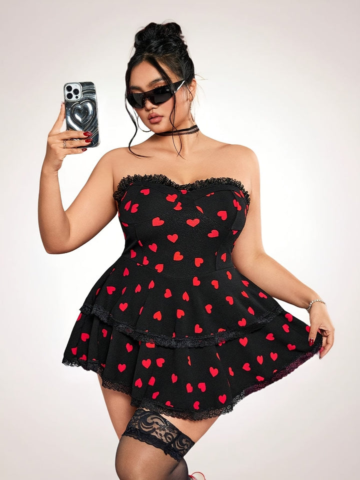 Plus Size Women'S Elegant Off-Shoulder Heart Print Dress - Sexy Strapless Ruffled Mini Dress with Black & Red Design, Stretchy Polyester Blend, Perfect for Casual or Party Wear, Cute Dresses