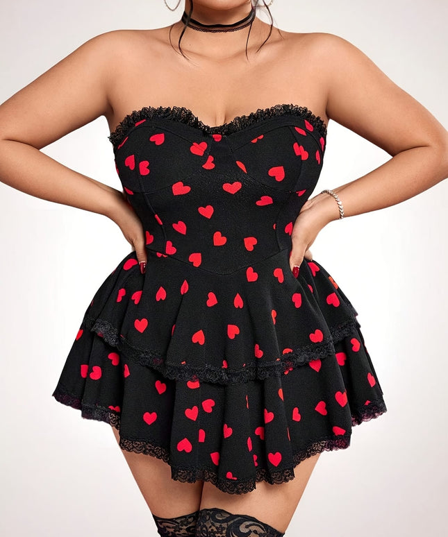 jkthpu-45 Plus Size Women'S Elegant Off-Shoulder Heart Print Dress - Sexy Strapless Ruffled Mini Dress with Black & Red Design, Stretchy Polyester Blend, Perfect for Casual or Party Wear, Cute Dresses