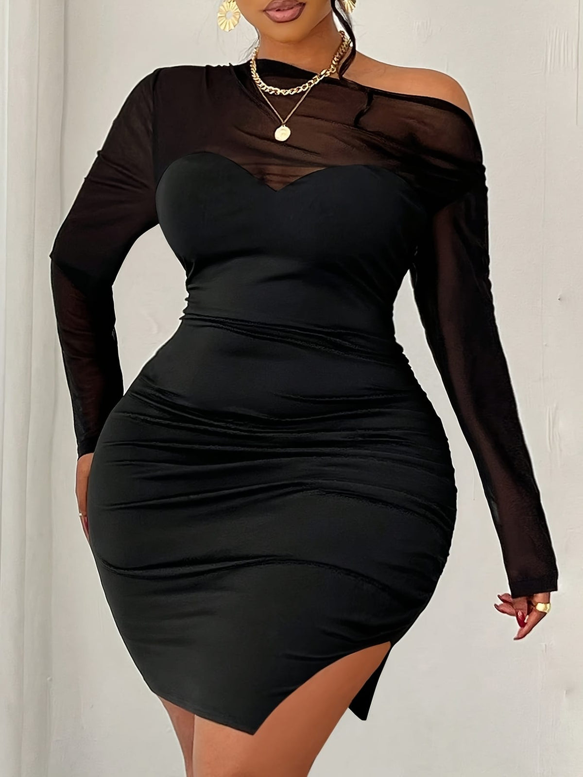 jkthpu-45 Plus Size Women's Elegant Off-Shoulder Stretch Mini Dress - Long Sleeve Semi-Sheer Black Party & Vacation Dress with Ruched Detailing, Machine Washable S-Line Silhouette, Semitransparent Material