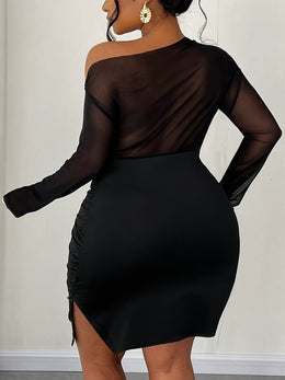 jkthpu-45 Plus Size Women's Elegant Off-Shoulder Stretch Mini Dress - Long Sleeve Semi-Sheer Black Party & Vacation Dress with Ruched Detailing, Machine Washable S-Line Silhouette, Semitransparent Material