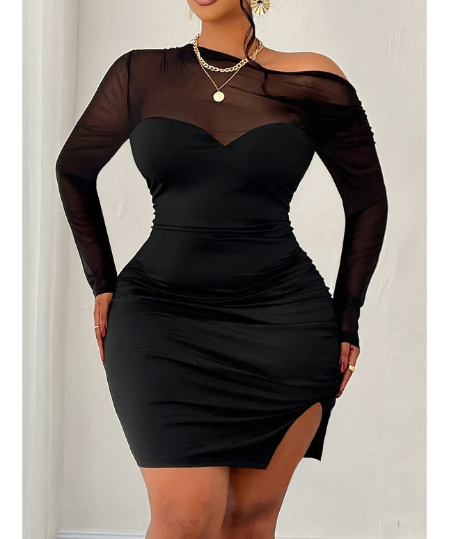 jkthpu-45 Plus Size Women's Elegant Off-Shoulder Stretch Mini Dress - Long Sleeve Semi-Sheer Black Party & Vacation Dress with Ruched Detailing, Machine Washable S-Line Silhouette, Semitransparent Material