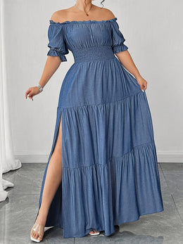 jkthpu-45 Plus Size, Women's Elegant Off-the-Shoulder/One-Shoulder Party Dress - Formal/Evening gown, Machine Washable Non-See-Through Fabric, Flared Hem Maxi Dress for Women - Formal Events, Galas, Everyday Evening Outfits YZ302