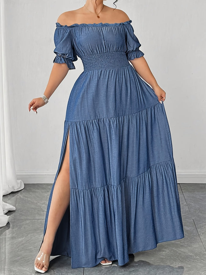 Plus Size, Women's Elegant Off-the-Shoulder/One-Shoulder Party Dress - Formal/Evening gown, Machine Washable Non-See-Through Fabric, Flared Hem Maxi Dress for Women - Formal Events, Galas, Everyday Evening Outfits YZ302
