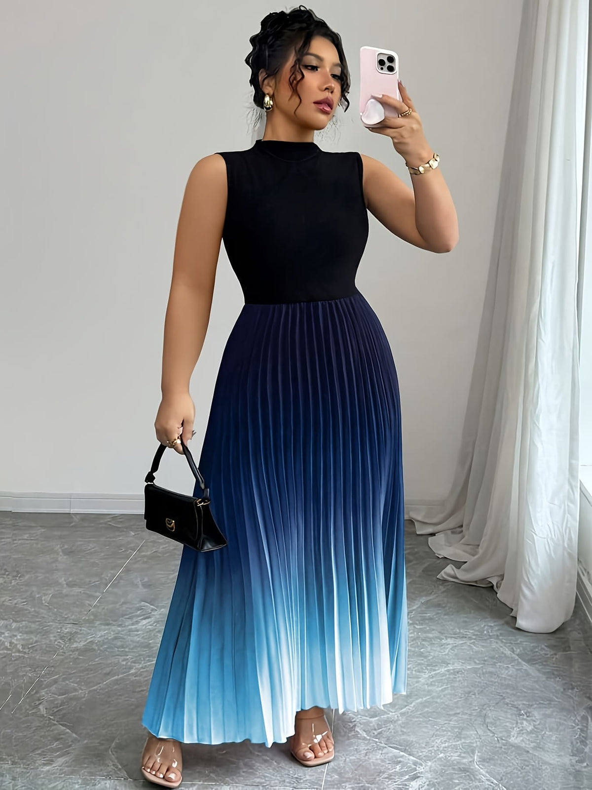 jkthpu-45 Plus Size, Women's Elegant Ombre Blue to Navy Gradient Maxi Dress with Puff Sleeve & A-Line Silhouette - Floor-Length Formal Evening Gown, Machine Washable All-Season Party Wedding Gala Dress, Structured Bodice & Flowy Skirt, Digital Print Fabric, Relaxed