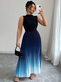 jkthpu-45 Plus Size, Women's Elegant Ombre Blue to Navy Gradient Maxi Dress with Puff Sleeve & A-Line Silhouette - Floor-Length Formal Evening Gown, Machine Washable All-Season Party Wedding Gala Dress, Structured Bodice & Flowy Skirt, Digital Print Fabric, Relaxed