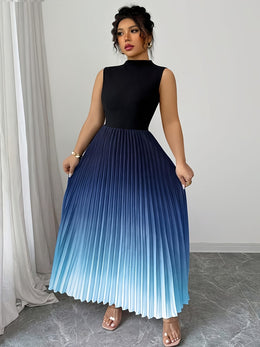 jkthpu-45 Plus Size, Women's Elegant Ombre Blue to Navy Gradient Maxi Dress with Puff Sleeve & A-Line Silhouette - Floor-Length Formal Evening Gown, Machine Washable All-Season Party Wedding Gala Dress, Structured Bodice & Flowy Skirt, Digital Print Fabric, Relaxed