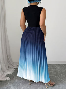 jkthpu-45 Plus Size, Women's Elegant Ombre Blue to Navy Gradient Maxi Dress with Puff Sleeve & A-Line Silhouette - Floor-Length Formal Evening Gown, Machine Washable All-Season Party Wedding Gala Dress, Structured Bodice & Flowy Skirt, Digital Print Fabric, Relaxed