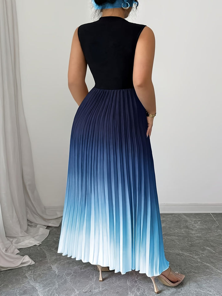 Plus Size, Women's Elegant Ombre Blue to Navy Gradient Maxi Dress with Puff Sleeve & A-Line Silhouette - Floor-Length Formal Evening Gown, Machine Washable All-Season Party Wedding Gala Dress, Structured Bodice & Flowy Skirt, Digital Print Fabric, Relaxed