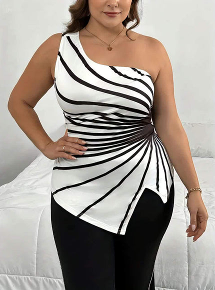KissICON Plus Size Women's Elegant One-Shoulder Striped Tank Top