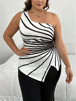KissICON Plus Size Women's Elegant One-Shoulder Striped Tank Top