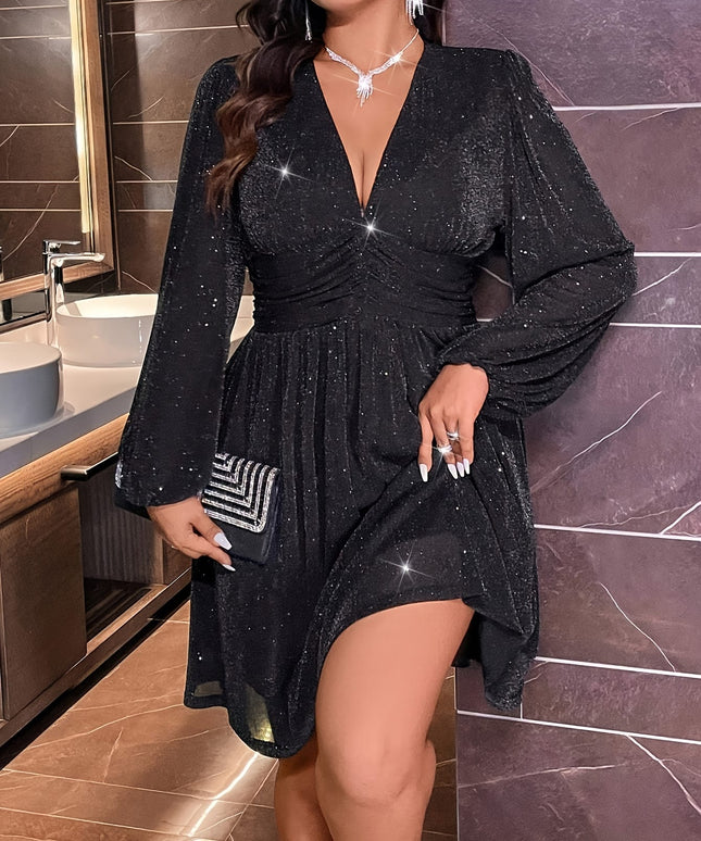 jkthpu-45 Plus Size, Women's Elegant Plus Size Floor-Length Evening Gown - Shiny Party Dress with Structured Fit, Hand Washable & Wrinkle-Resistant Fabric for Prom, Galas, Formal Events - Solid Black Luxury Evening Dress with Fitted Silhouette, Stretchy Comfortable