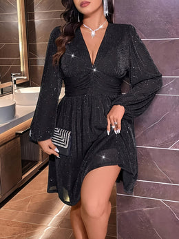jkthpu-45 Plus Size, Women's Elegant Plus Size Floor-Length Evening Gown - Shiny Party Dress with Structured Fit, Hand Washable & Wrinkle-Resistant Fabric for Prom, Galas, Formal Events - Solid Black Luxury Evening Dress with Fitted Silhouette, Stretchy Comfortable