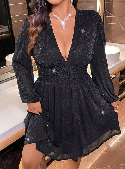 jkthpu-45 Plus Size, Women's Elegant Plus Size Floor-Length Evening Gown - Shiny Party Dress with Structured Fit, Hand Washable & Wrinkle-Resistant Fabric for Prom, Galas, Formal Events - Solid Black Luxury Evening Dress with Fitted Silhouette, Stretchy Comfortable