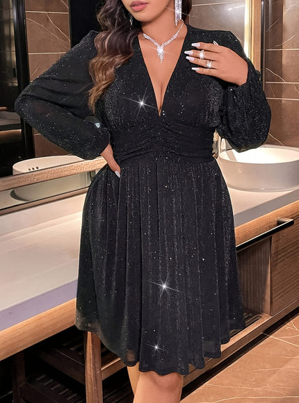 jkthpu-45 Plus Size, Women's Elegant Plus Size Floor-Length Evening Gown - Shiny Party Dress with Structured Fit, Hand Washable & Wrinkle-Resistant Fabric for Prom, Galas, Formal Events - Solid Black Luxury Evening Dress with Fitted Silhouette, Stretchy Comfortable