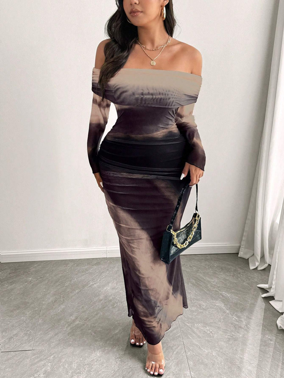 jkthpu-45 Plus Size, Women's Elegant Plus Size Maxi Dress - Long Sleeve Off-Shoulder party & Everyday dress in Deep Purple/Black/Gray/Teal - Machine Washable Formal & Casual Outfits for Women, Seasonal Fashion, Flowing Silhouette, Quality Stitching, Fashion Lovers