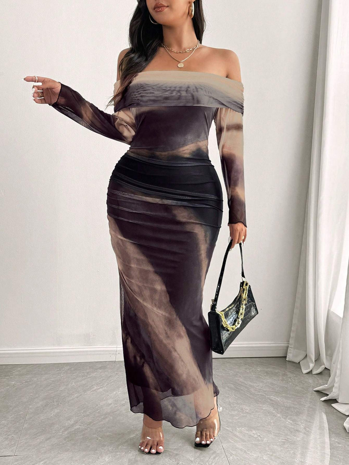 jkthpu-45 Plus Size, Women's Elegant Plus Size Maxi Dress - Long Sleeve Off-Shoulder party & Everyday dress in Deep Purple/Black/Gray/Teal - Machine Washable Formal & Casual Outfits for Women, Seasonal Fashion, Flowing Silhouette, Quality Stitching, Fashion Lovers