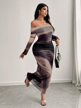 jkthpu-45 Plus Size, Women's Elegant Plus Size Maxi Dress - Long Sleeve Off-Shoulder party & Everyday dress in Deep Purple/Black/Gray/Teal - Machine Washable Formal & Casual Outfits for Women, Seasonal Fashion, Flowing Silhouette, Quality Stitching, Fashion Lovers