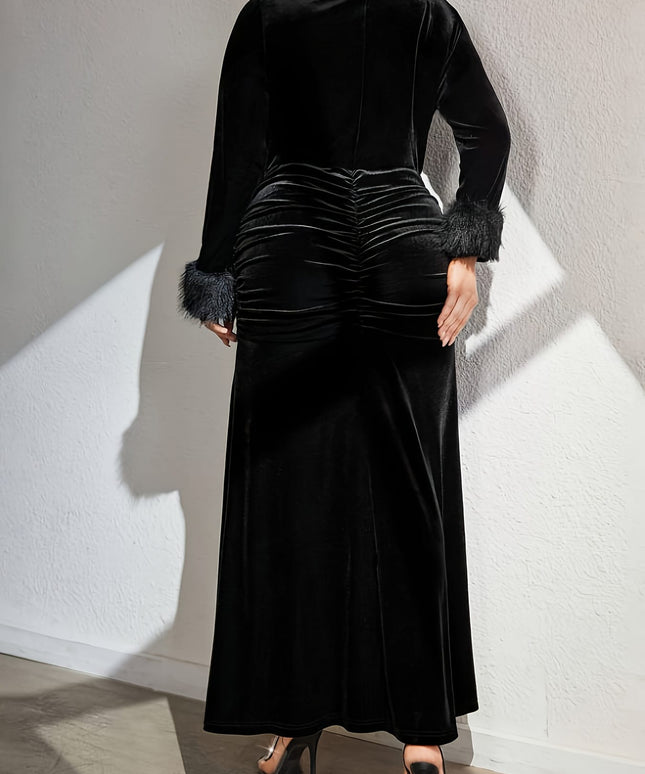 jkthpu-45 Plus Size, Women's Elegant Plus Size Winter Maxi Dress - Asymmetrical Neckline & Long Sleeve with Fluffy Hem, Fitted Silhouette, Machine Washable Solid Black Formal Party Wedding Guest Dress for Fall Winter, No Padding Required, Durable Material, Highqual