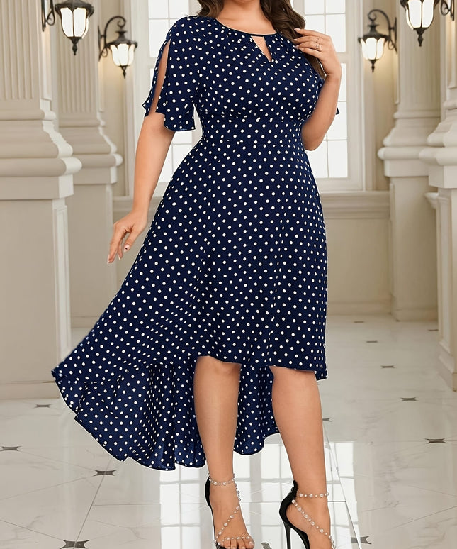 jkthpu-45 Plus Size Women's Elegant Polka Dot Midi Dress - Navy & White Round Neck Short Sleeve, Machine Washable Non-Stretch Fabric for Spring/Summer Casual & Semi-Formal Occasions
